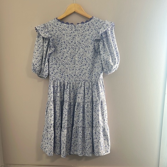 Blue and White Puff Sleeve V-Neck Mini Sundress - Picture 7 of 12